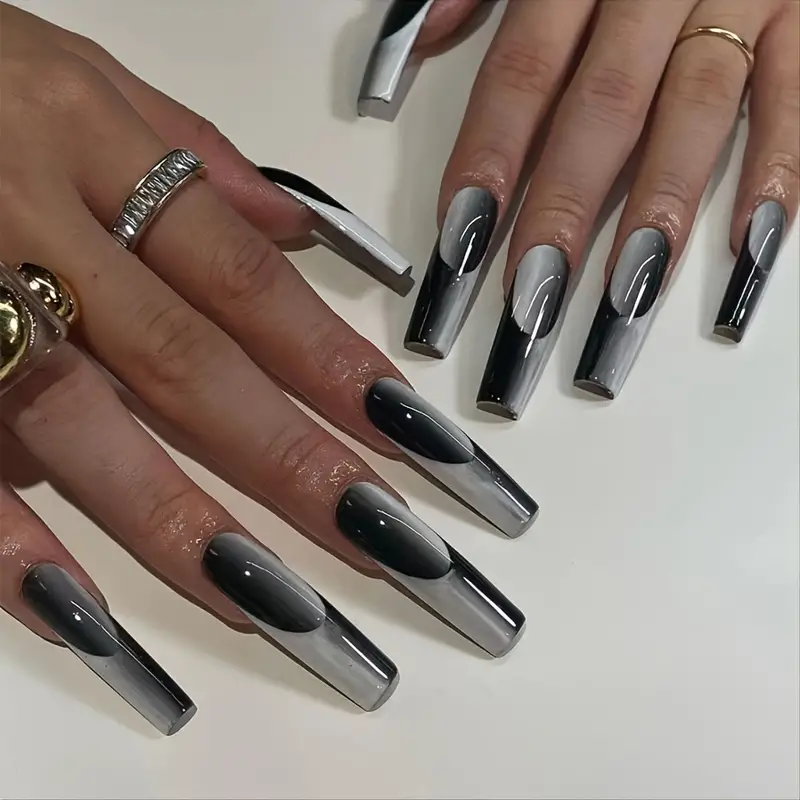 Uñas francesas con punta de ataúd en gris y negro brillante, cobertura total - Temu