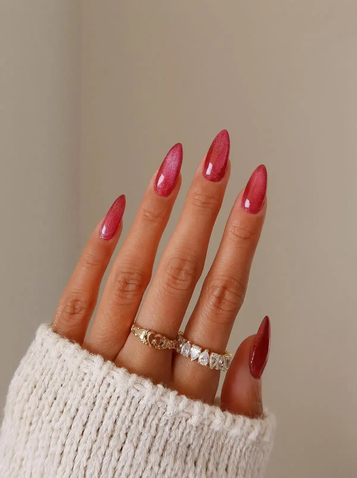 Pink velvet nails with glitter.